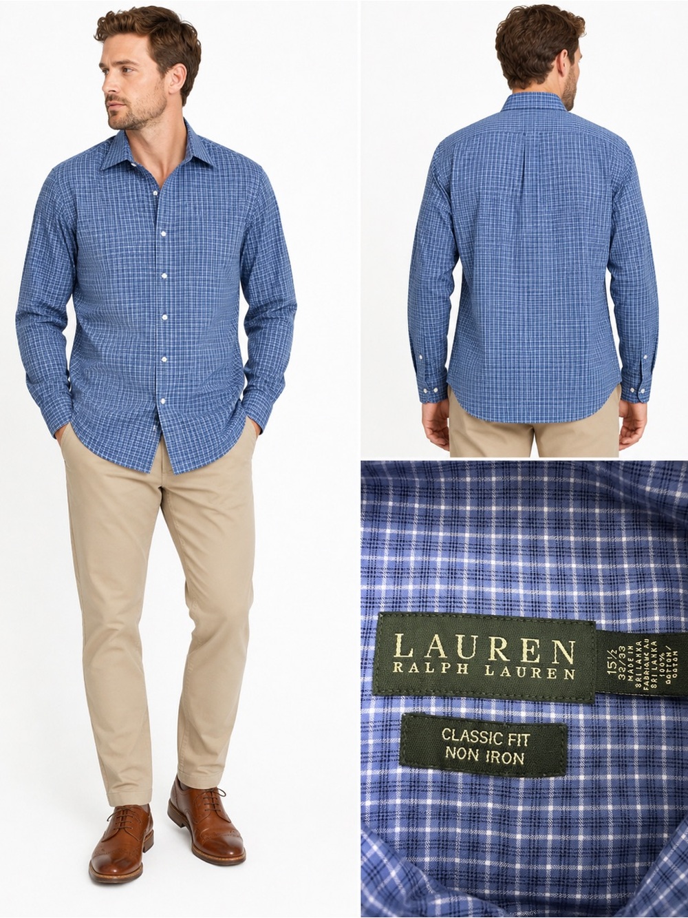 Size 15.5/33 Lauren Ralph Lauren Men’s Blue Plaid Classic Fit Non Iron Shirt - Picture 2 of 6